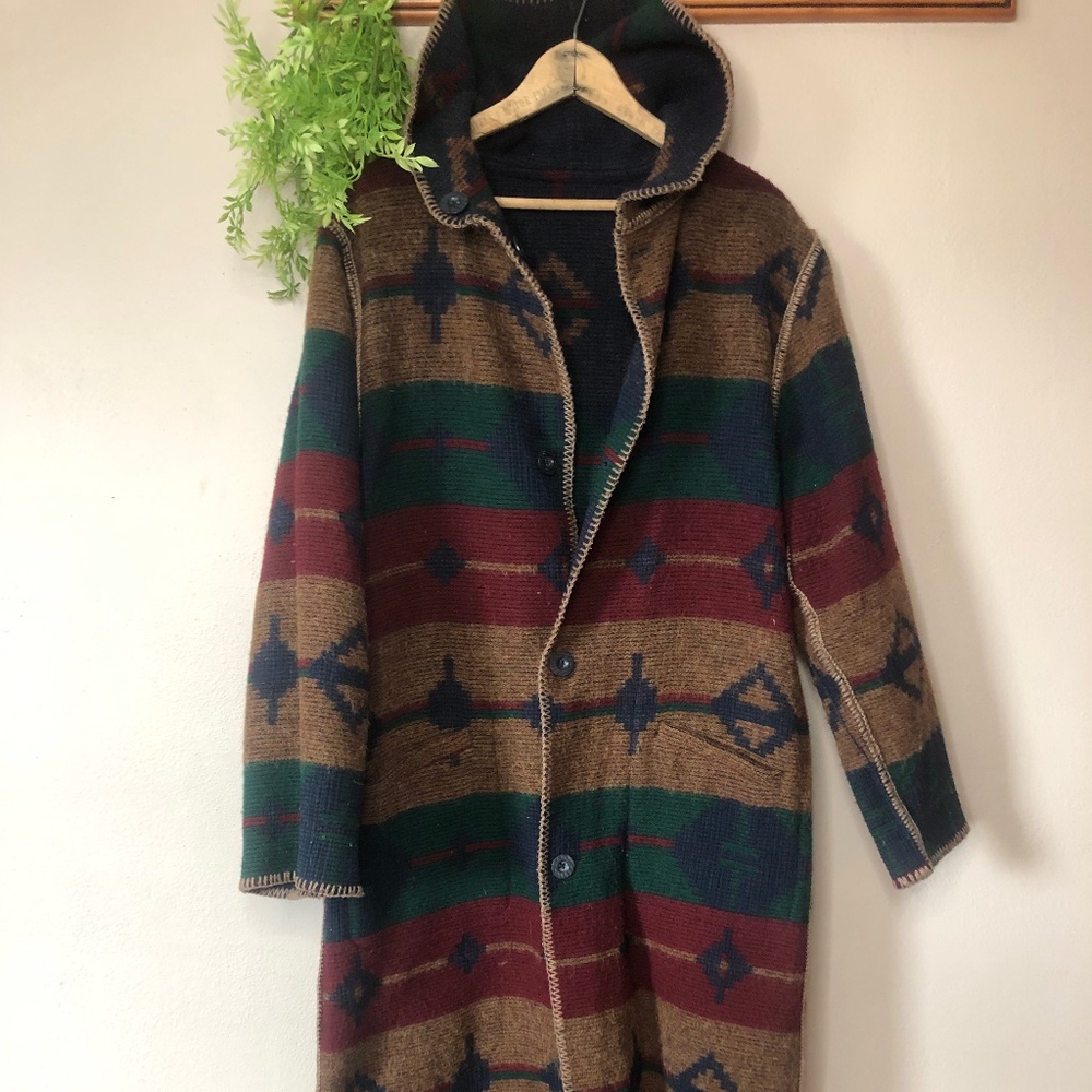 Vtg WOOLRICH Aztec Wool Blanket Jacket Coat Long Duster Reversible Hood Boho